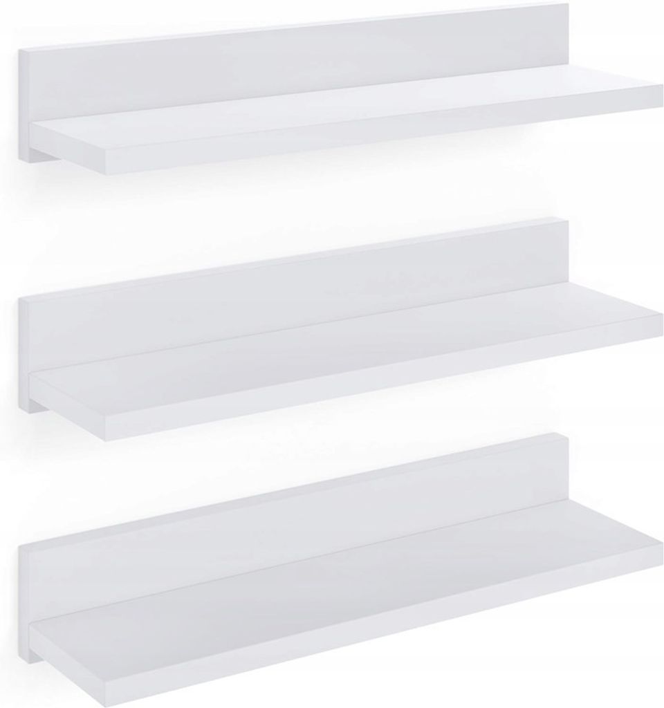 Three white floating shelves are mounted on a white wall, one above the other.