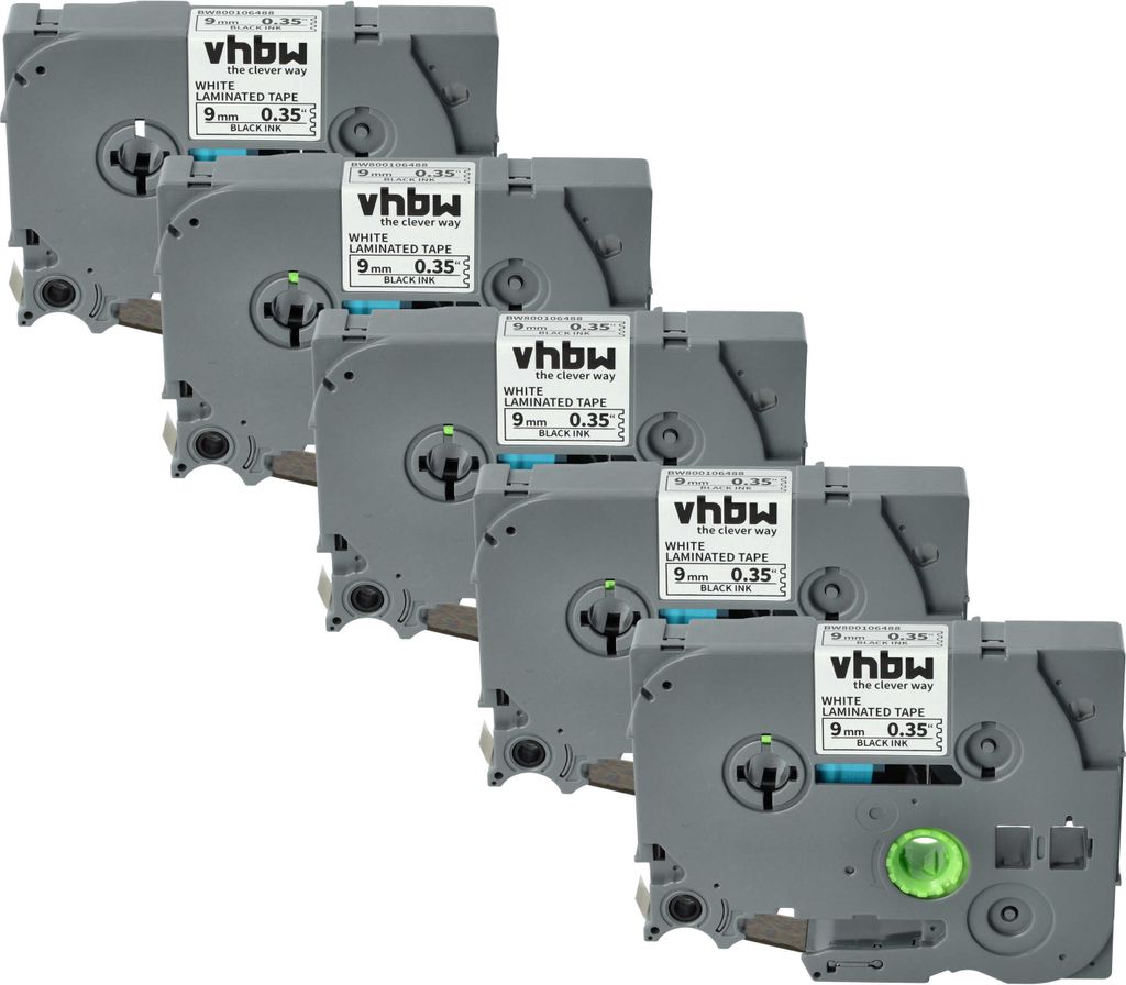 vhbw 5x Schriftband-Kassette kompatibel mit Brother PT 550, 540, 3600, 350, 340, 310, 500-Serie, 300-Serie Etiketten-Drucker 8m x 9mm Schwarz auf W...