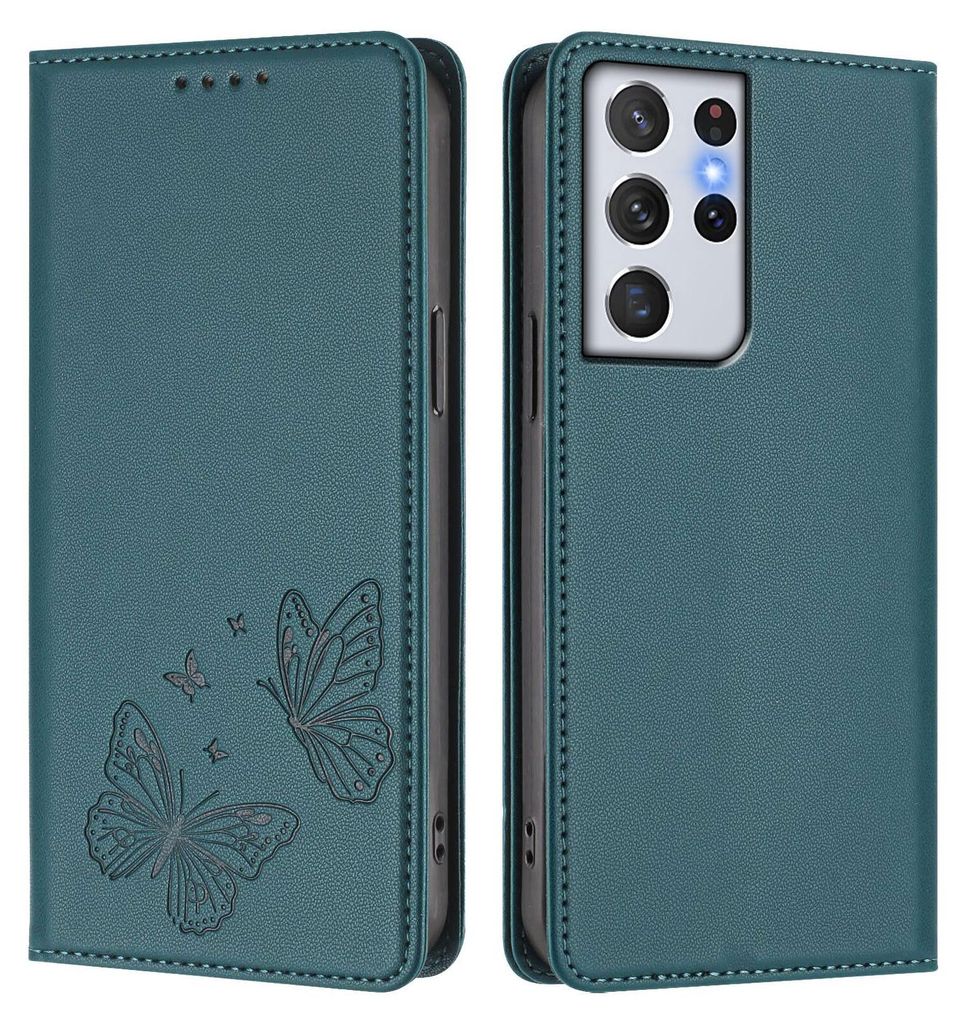Lederhülle für Samsung Galaxy S21 Ultra 5G, Schmetterling Prägung Leder Brieftasche Schutzhülle mit Ständer Grün
