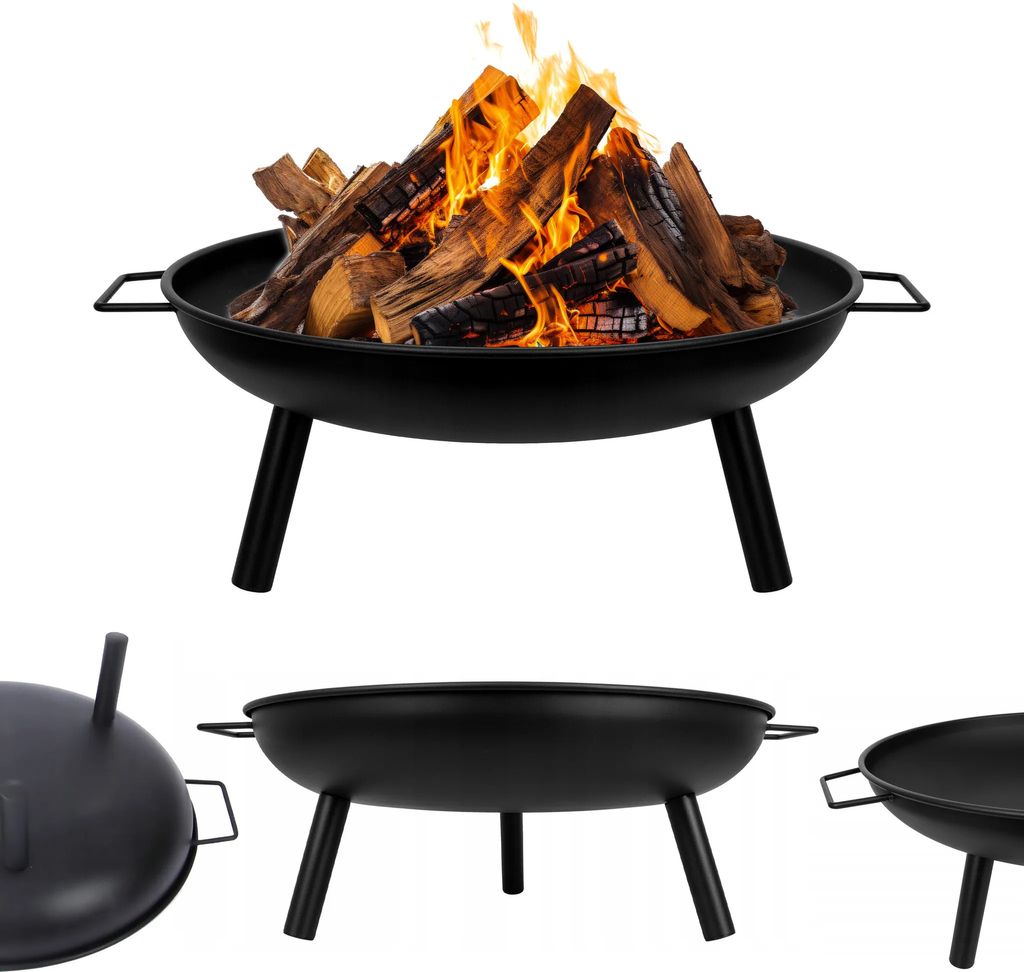 A black steel fire pit with a fire burning inside, shown from multiple angles.
