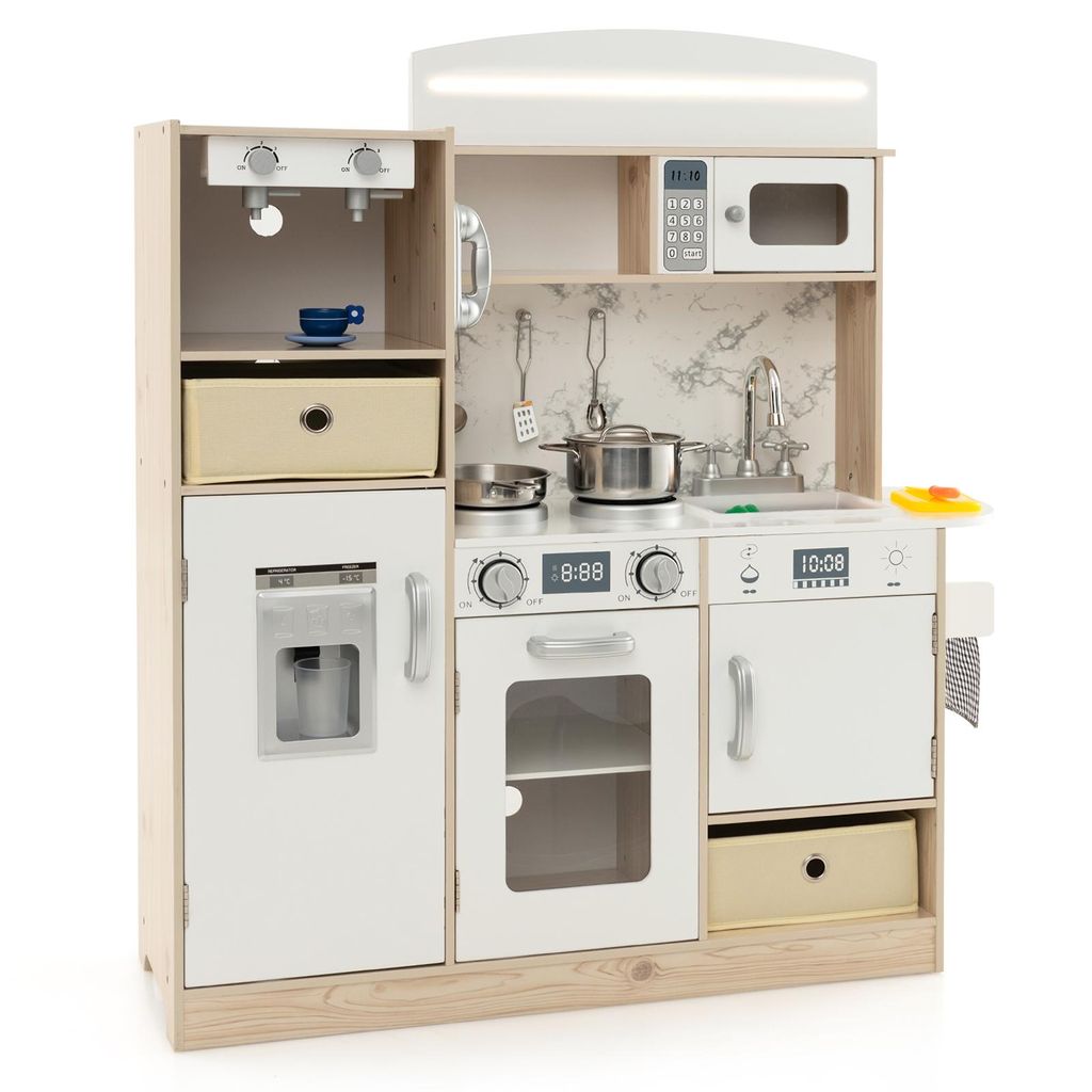 COSTWAY Kinderküche inkl. Zubehör, Spielküche Holz mit Kaffeemaschine, Kühlschrank, einstellbaren LED, abnehmbaren Stoffkörben&Regalen, für K...