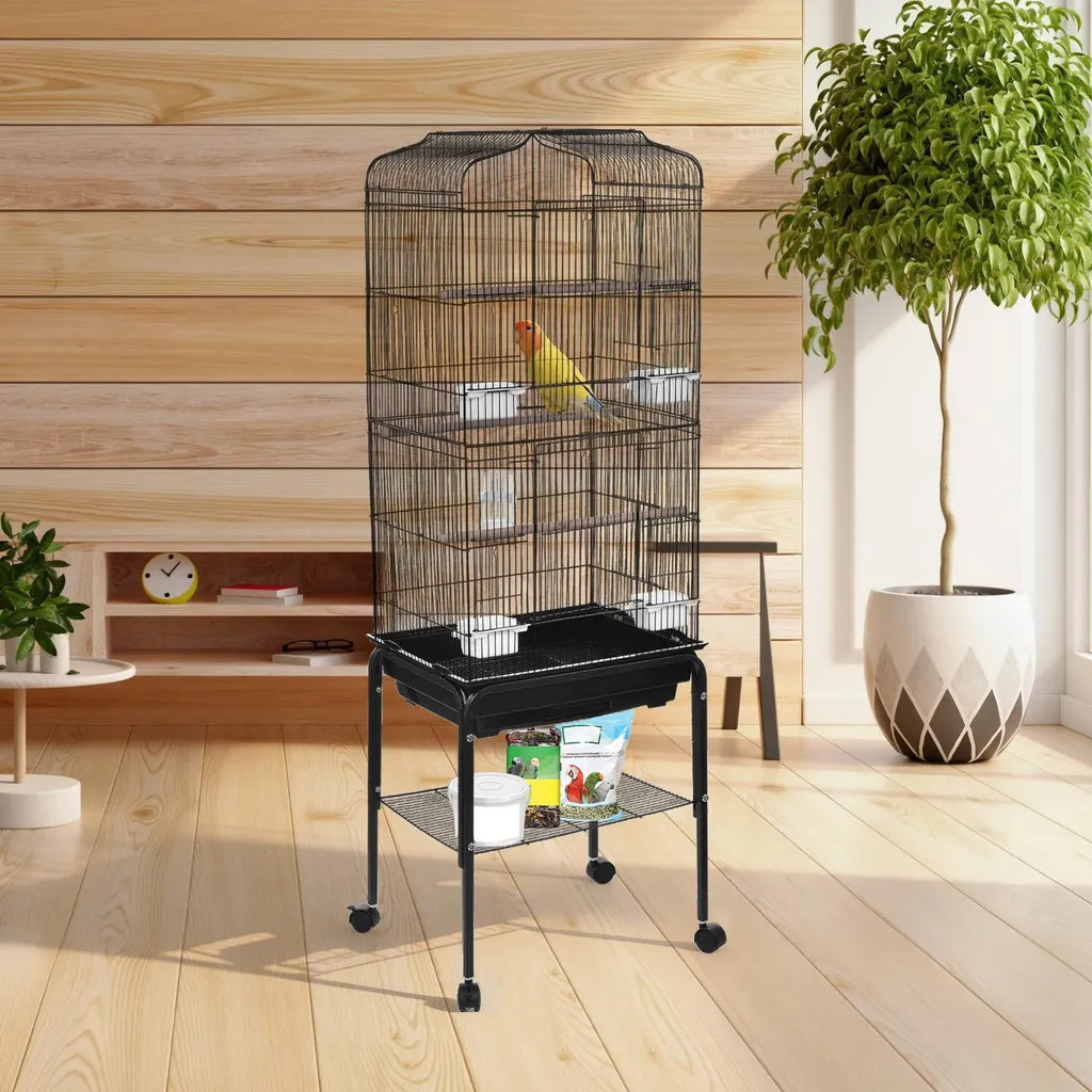Cage à oiseaux en fer 47x37x137 cm avec support à roulettes mobile