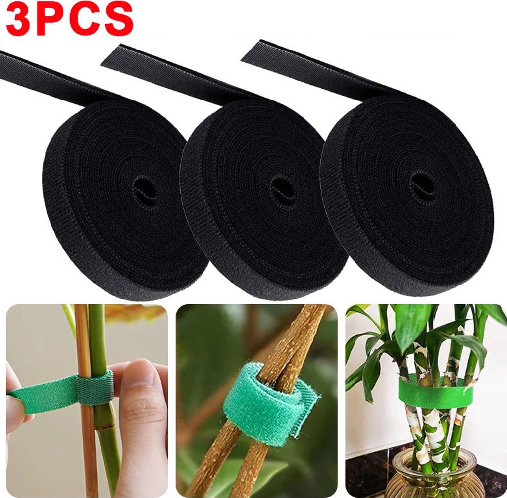 3 Rollen Pflanzenbinder,12mm x5 m Plant Ties Wiederverschließbar Pflanzen Klettband Pflanzenbinder Selbstklebend Kabelbinder, schwarz, 5m