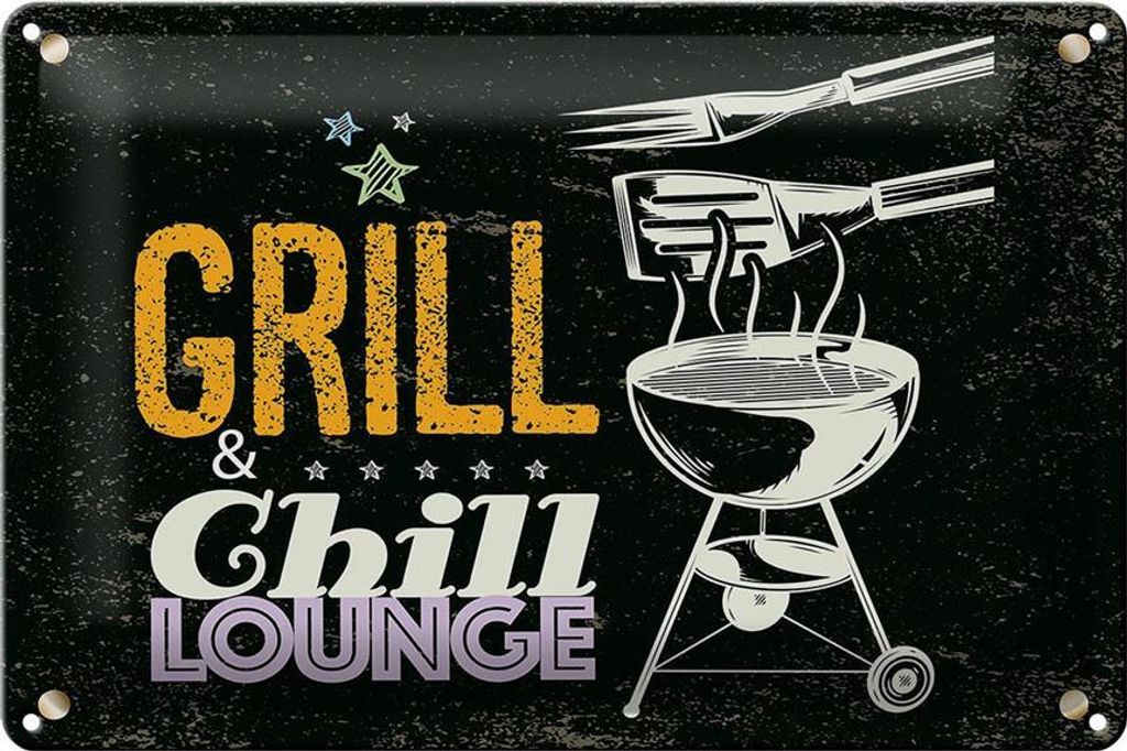 Blechschild Grill & Chill Fleisch Grillen, 30x20 cm, Blechschilder Spruch Fleisch Grillbesteck