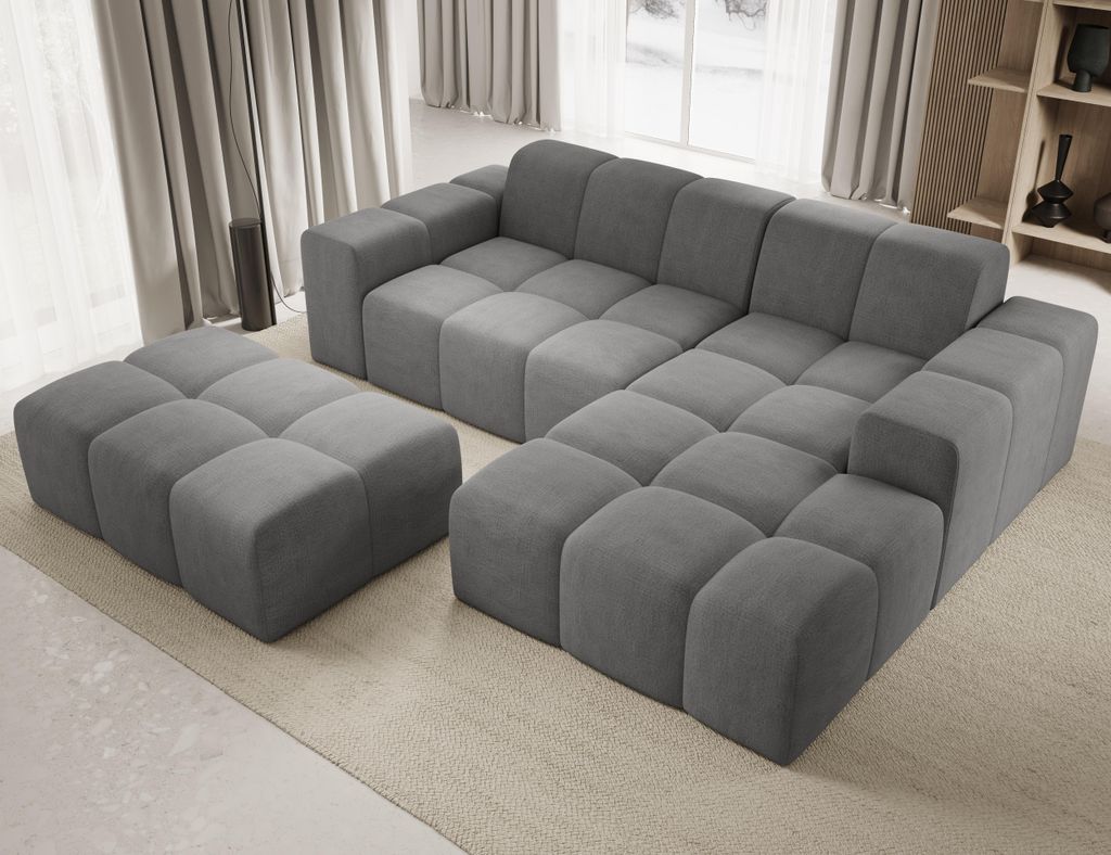 Sofa mit Hocker, Couch L-Form, Veloursstoff, Rechts Sofa, Grau Fogo