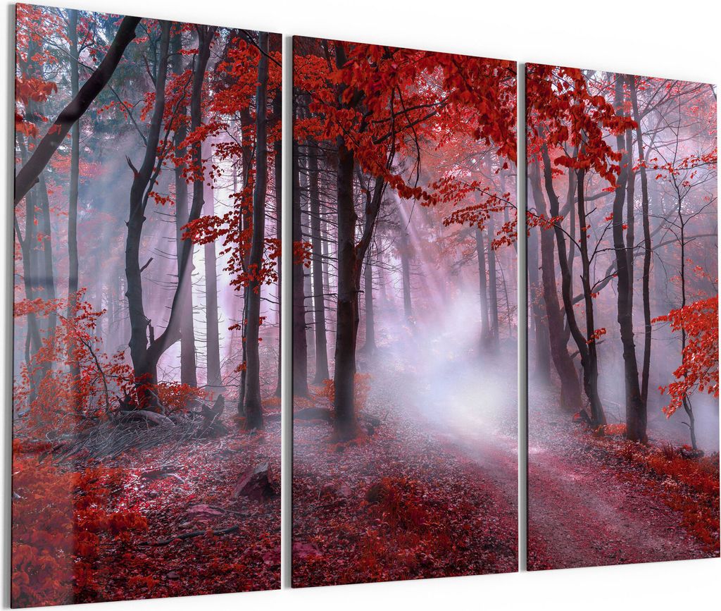 DEQORI Glasbild Echtglas 3x50x100 cm 'Roter Blätterwald' Wandbilder XXL groß