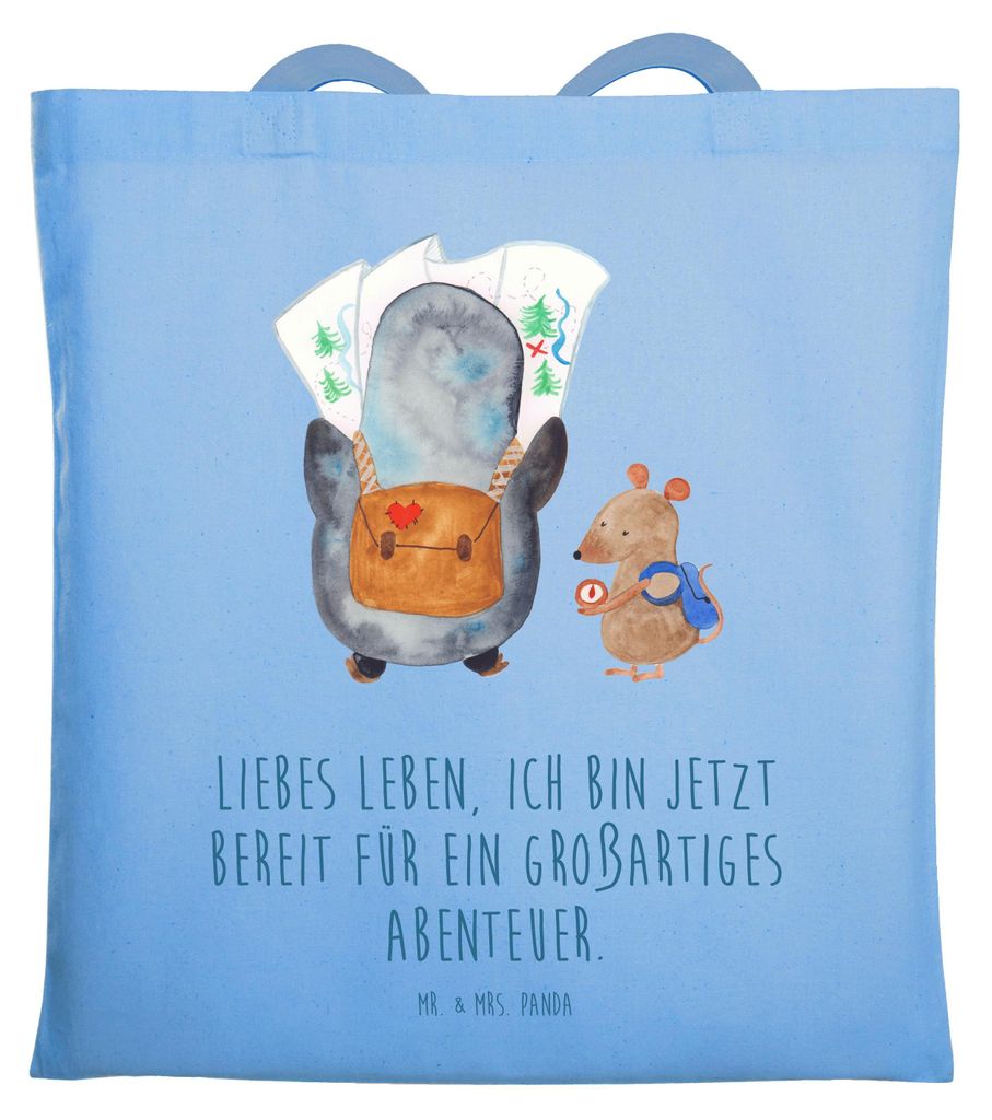 Mr. & Mrs. Panda Beutel Pinguin & Maus Wanderer - Sky Blue - Geschenk, Tote Bag, Einkaufstüte, Wandern, Abenteuer, Pinguine, Tasche, Stoffbeutel, ...