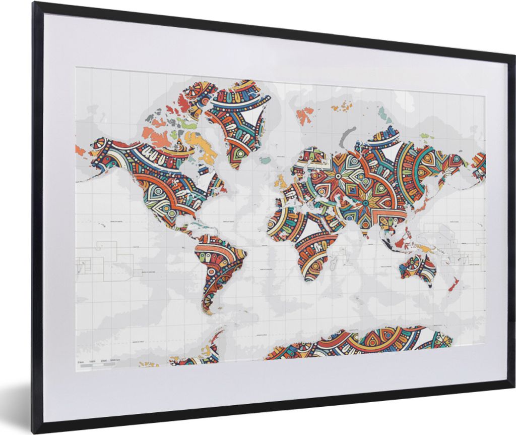 MuchoWow MuchoWow Gerahmtes Poster Weltkarte - Dekoration - Farbenfroh 60x40 cm - Poster mit zchwarzem Bilderrahmen - Schlafzimmer - Plakat in ...