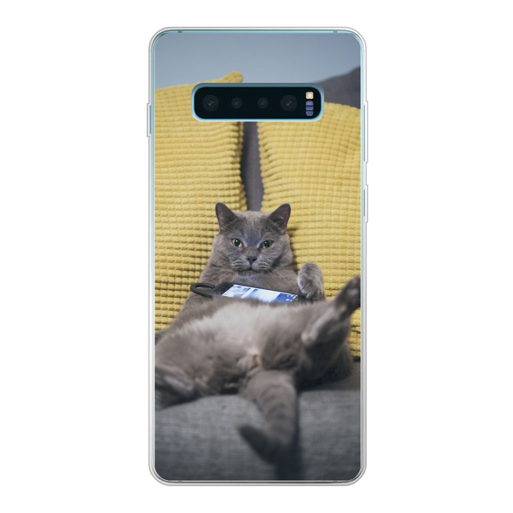 MuchoWow Handyhülle Schutzhülle Hülle für Samsung Galaxy S10 Plus Katze - Bank - Faule Silikon Softcase Handy Hülle - Schutzhülle