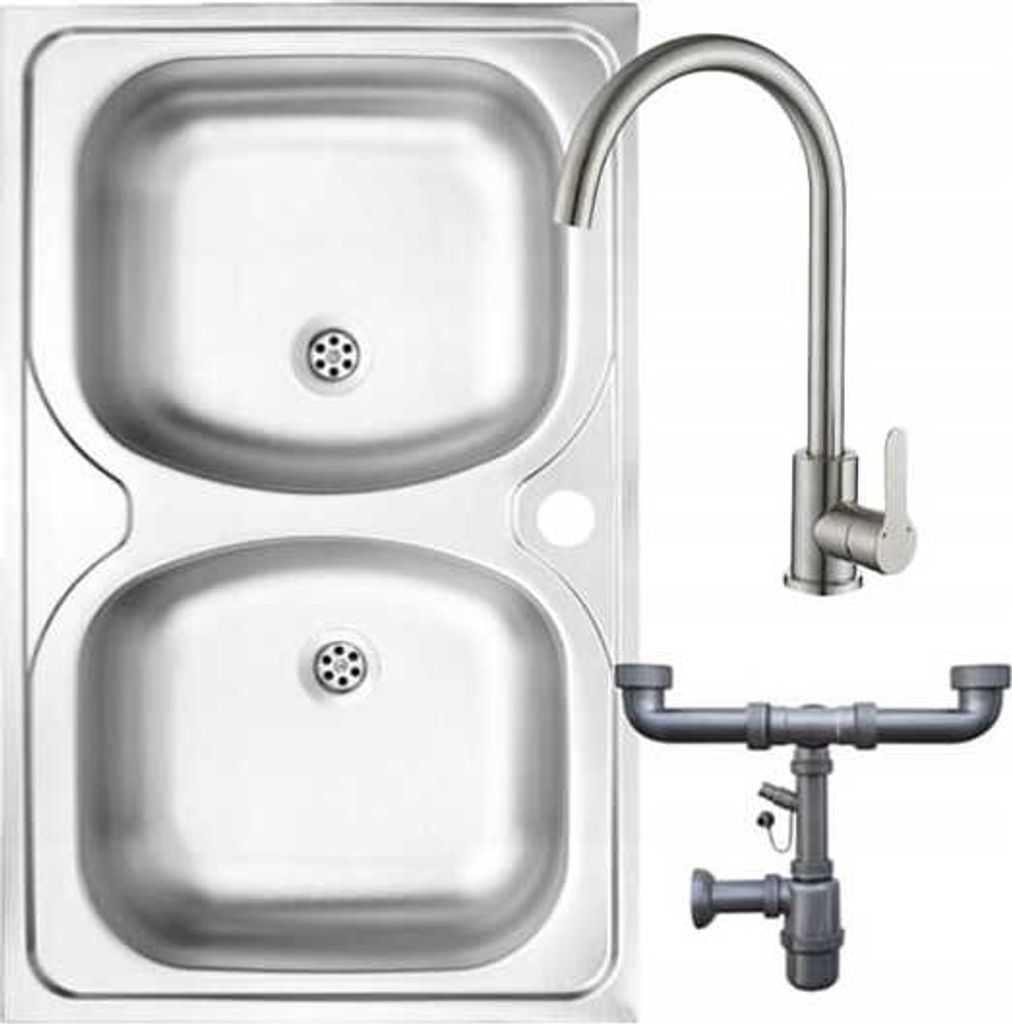 Doppelbecken-Stahlspüle 80x50 + Hahnloch + Siphon + Hahn