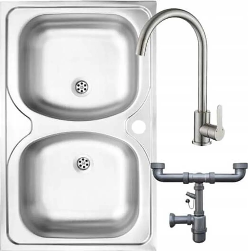 Lavello Cucina Doppia Vasca 80x50 Inox + Miscelatore Girevole + Sifone Inclusi