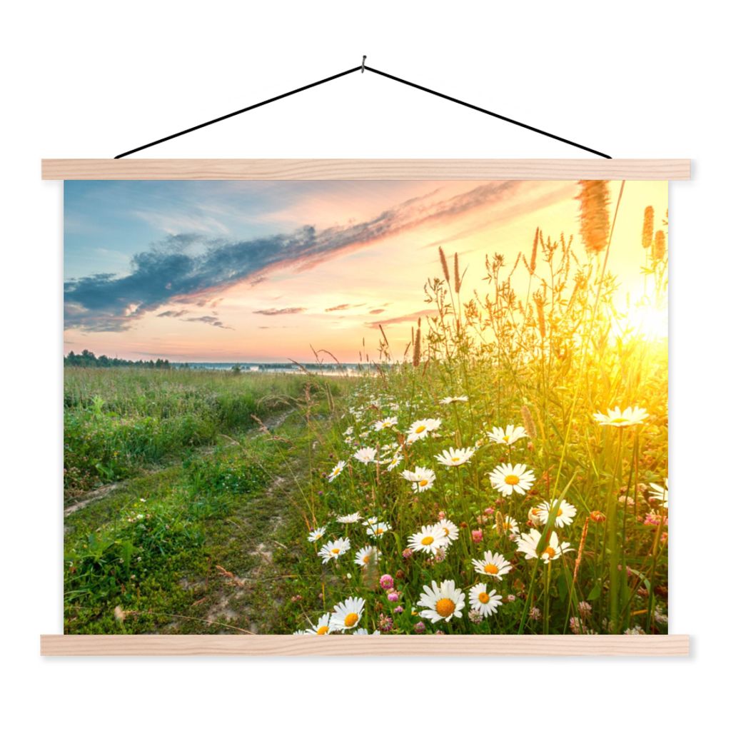 MuchoWow Textilposter Blumen - Gänseblümchen - Natur - Sonne - Horizont 120x90 cm mit holzfarbenen Rahmen - Magnetisch