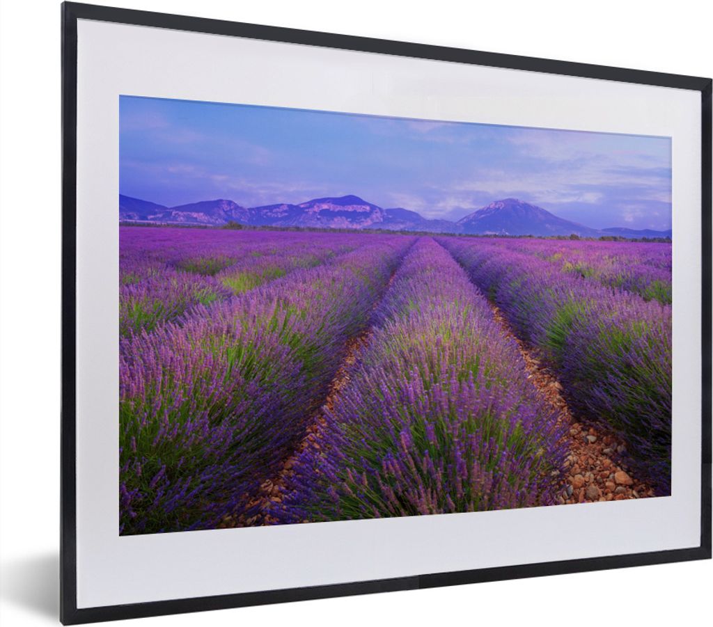 MuchoWow MuchoWow Gerahmtes Poster Reihen von Lavendel vor Bergen 40x30 cm - Poster mit zchwarzem Bilderrahmen - Bilderrahmen - Poster im Rahmen