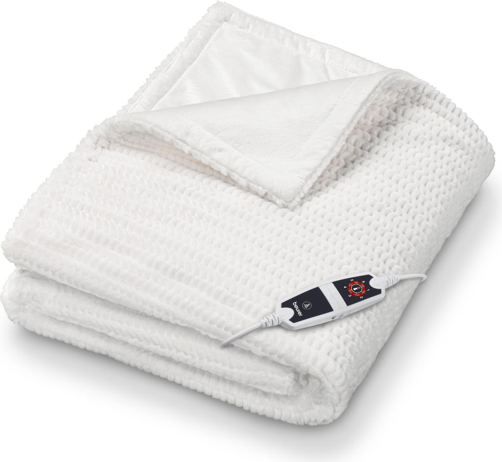 A folded white electric blanket with a controller attached.