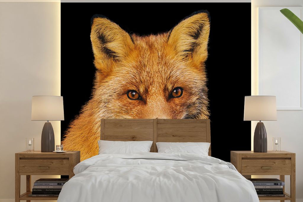 MuchoWow Fototapete für Wohnzimmer oder Schlafzimmer Wandtapete Vinyl Motivtapete Fuchs - Rot - Schwarz - 300x300 cm - Wanddekoration