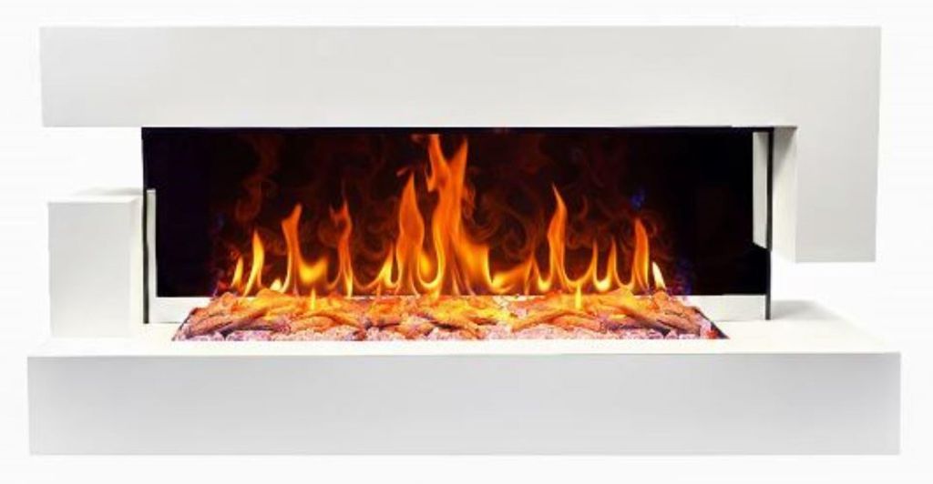 A modern white electric fireplace with a realistic LED flame effect.