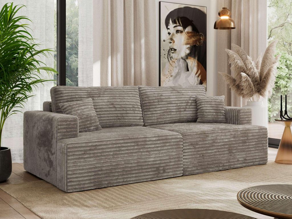 MKS MEBLE Sofa VIRELLA mit DL-Schlaffunktion und Bettkasten, 4-Sitzer Sofa, lose Kissen, Schlafsofa 240 x 115 x 88 cm - Grau Cord