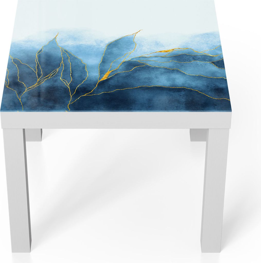 DEQORI Couchtisch 55x55 cm Weiß 'Blauer Wasserfarbverlauf' Glas Beistelltisch