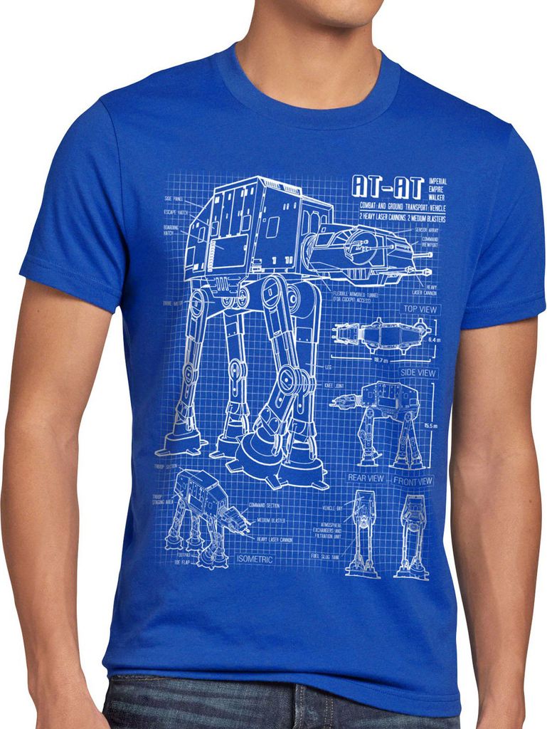 style3 AT-AT Herren T-Shirt blaupause walker, Größe:4XL, Farbe:Blau