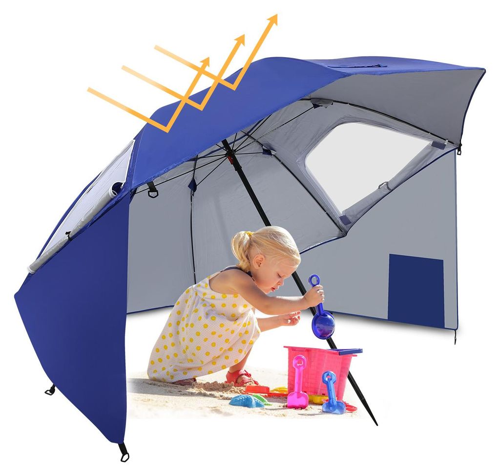 Vigevee Strandschirm 210 cm mit Tragetasche, UV50+ Sonnenschutz, neigbar, leichter Gartenschirm für Strand Camping Terrasse Blau