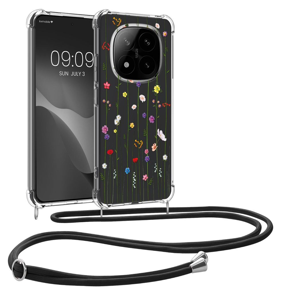 kwmobile Necklace Case kompatibel mit Xiaomi Redmi Note 14 Pro 5G / Poco X7 Hülle - Silikon Cover mit Handykette - Mehrfarbig Transparent Wildblumen
