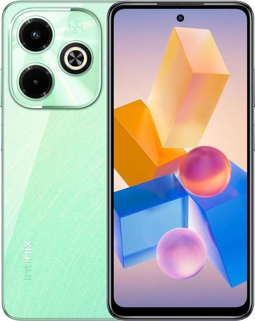 A smartphone is shown from the front and back.