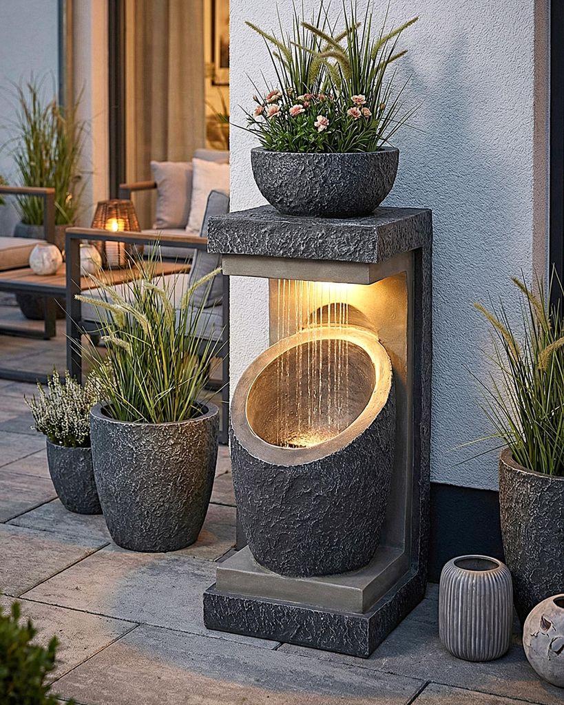 Gartenbrunnen mit LED Beleuchtung WIN 30 moderner Springbrunnen bepflanzbar Gartendekoration Steinoptik 81 cm