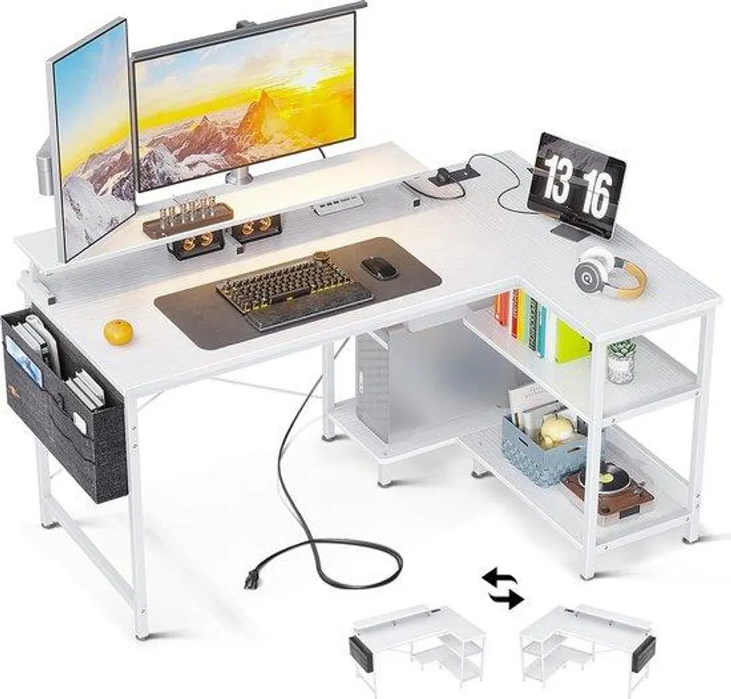 Table de gaming réversible en L blanche 120x80cm avec support d'écran