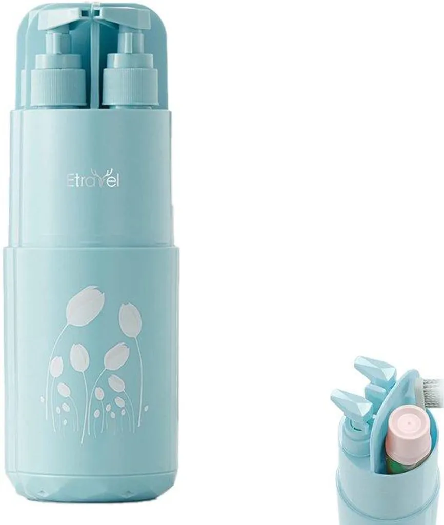 Pot à brosse à dents de voyage bleu avec 2 flacons de 45 ml et miroir