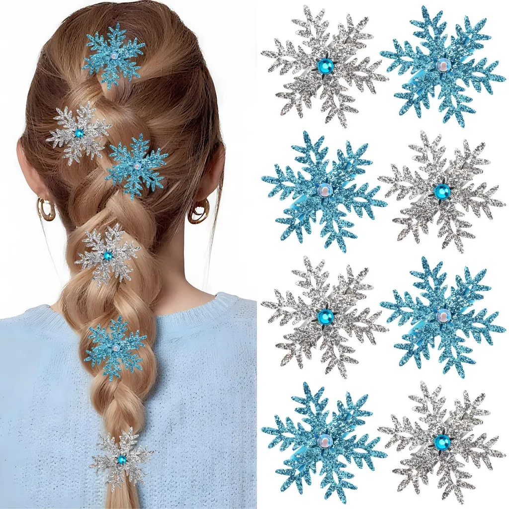 Accessoires cheveux de Noël : 8 pinces flocons scintillants en strass