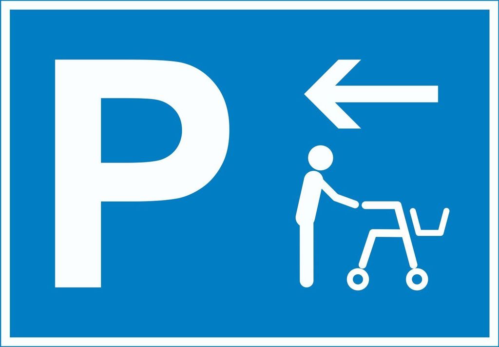 Rollator Gehwagen Parkplatz Schild mit Richtungspfeil links waagerecht A1 Rückseite selbstklebend