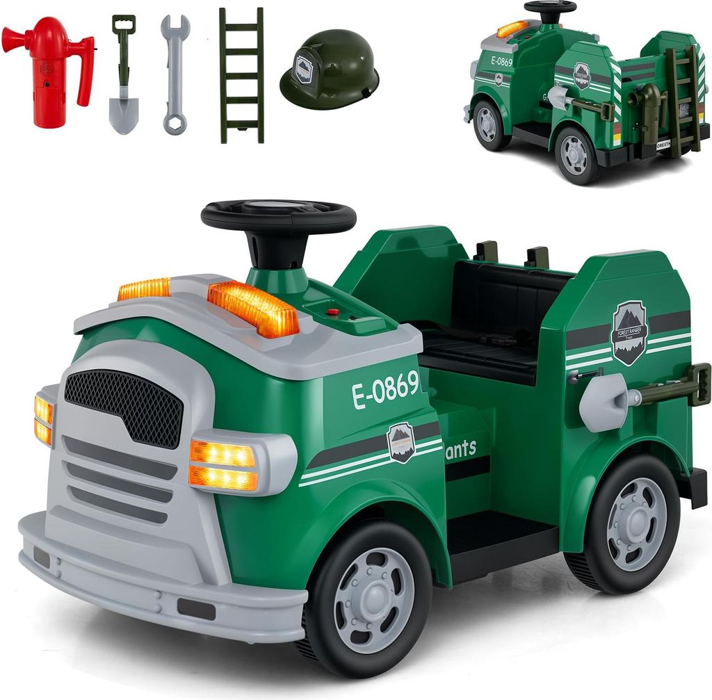 GOPLUS 12V Kinder Feuerwehrfahrzeug, Elektroauto mit Hupe, Alarm, Kinderfahrzeug mit Feuerlöscher, Schutzhelm etc., für Kinder ab 3 Jahren (Grün)