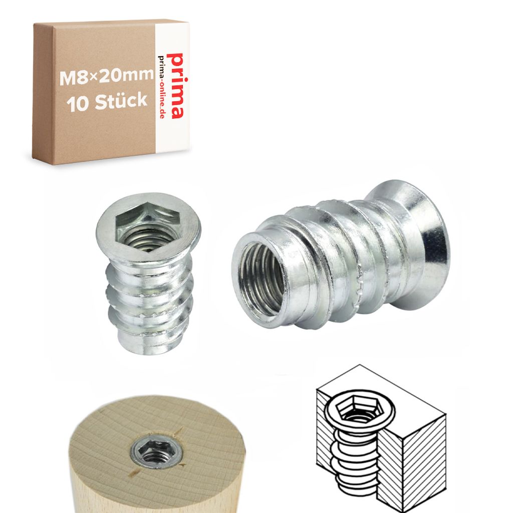 10x Einschraubmuffen M8 – Länge 20 mm – Einschraubmutter Eindrehmuffen Innensechskant M8x20 mm