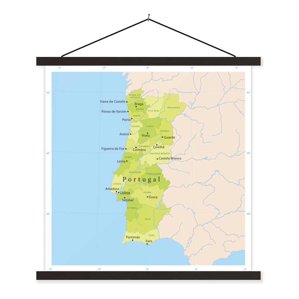 MuchoWow Textilposter Grüne Karte von Portugal mit Provinzen und Städten 120x120 cm mit schwarzem Rahmen - Aufhängungsset