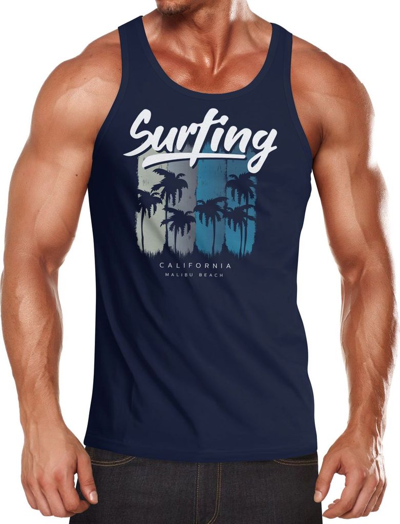 Herren Tank-Top Surfing California Malibu Beach Sommer Strand Palmen Print Aufdruck Muskelshirt Muscle Shirt Neverless navy S