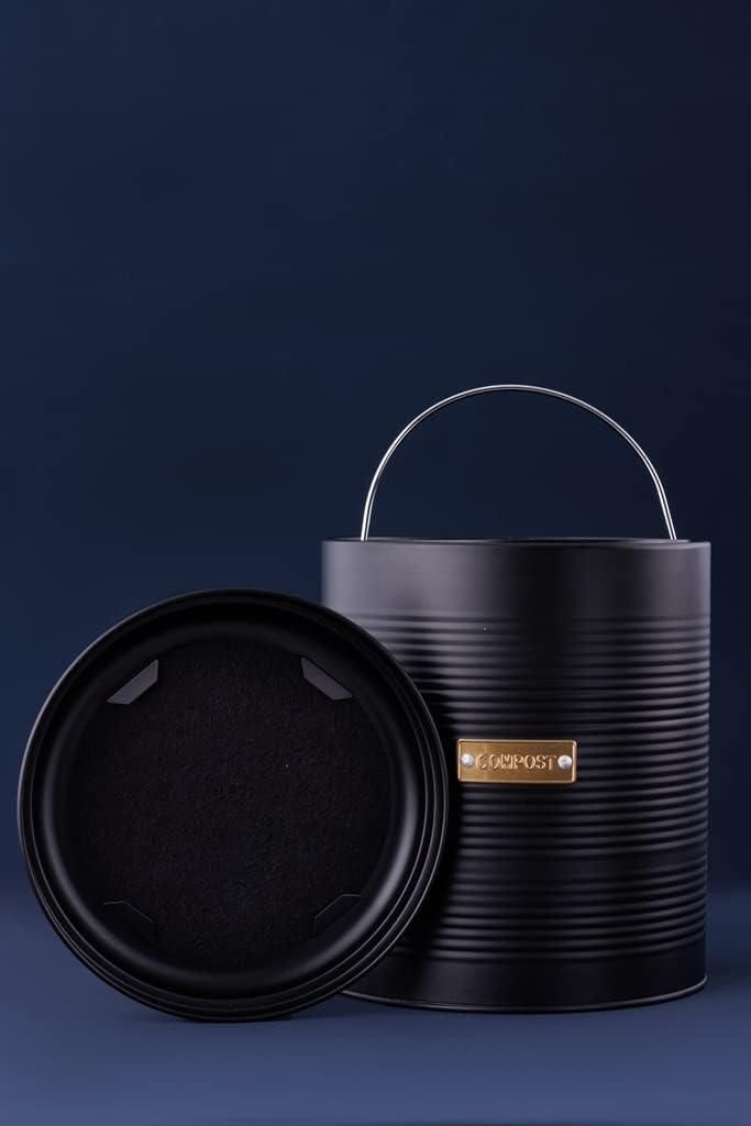 Compostbehälter OTTO | luftdichter gfe-Abfallbehälter Küche 2,5 L | Schwarz beschichteter Stahl mit Deckel | austauschbarer Aktivkohlefilter | 1...