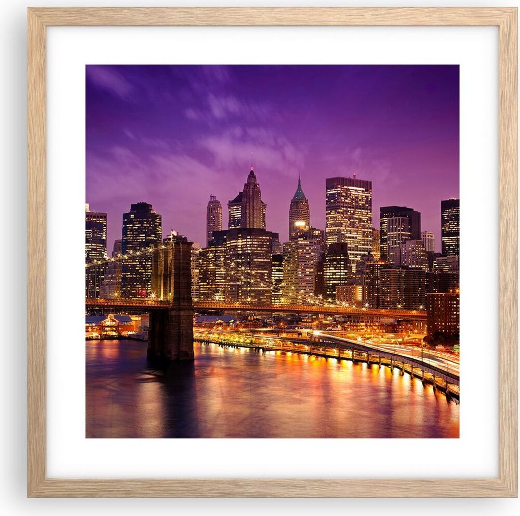 Gerahmtes Poster - Rahmen in heller Eiche - New york nacht brooklyn brücke - 40x40 cm - Wand Bild - Wanddeko - Wandbilder - Wandposter - Bilderrah...