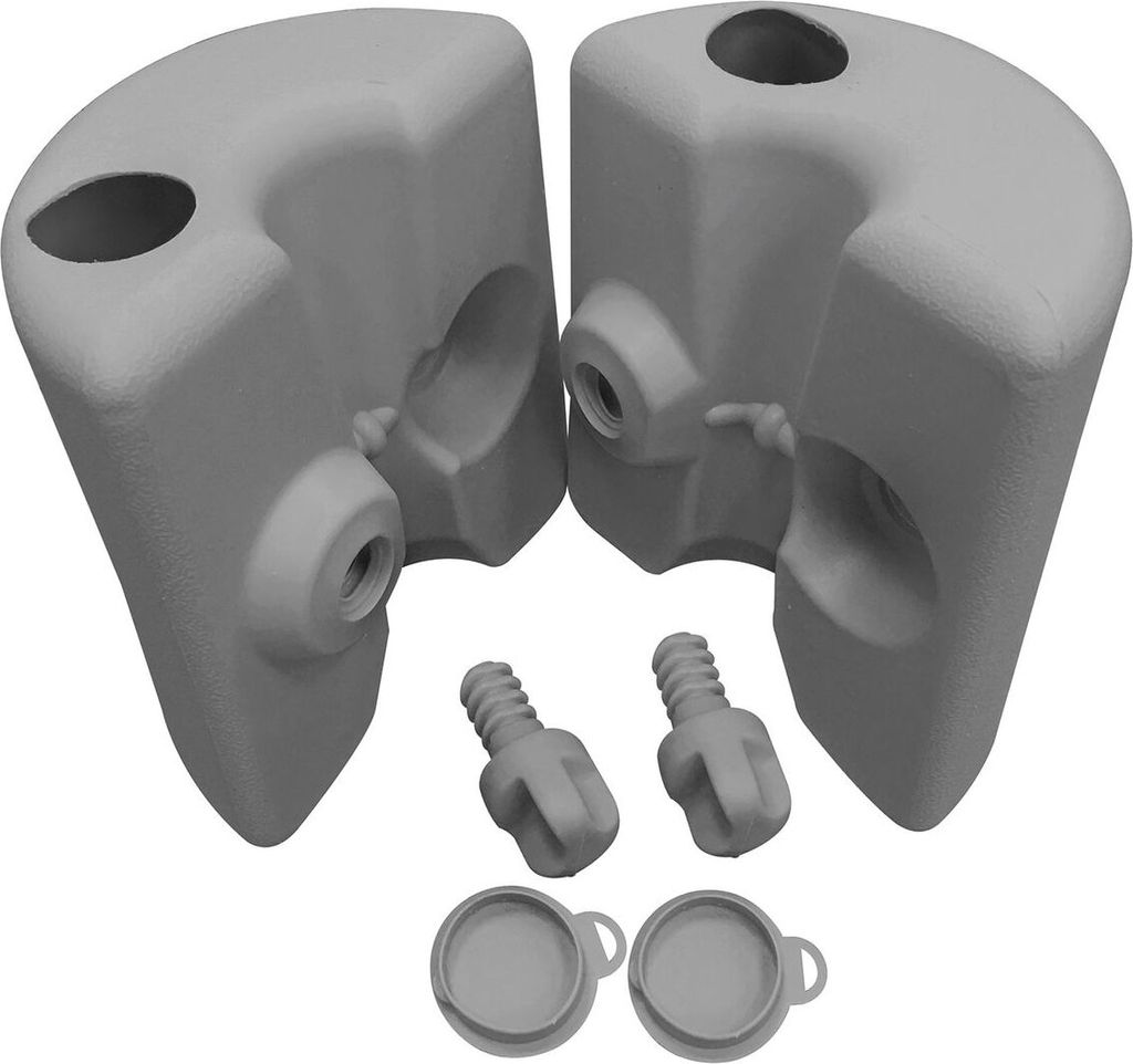 A set of four grey plastic tent weights, two screws, and two caps are arranged on a light gray background.