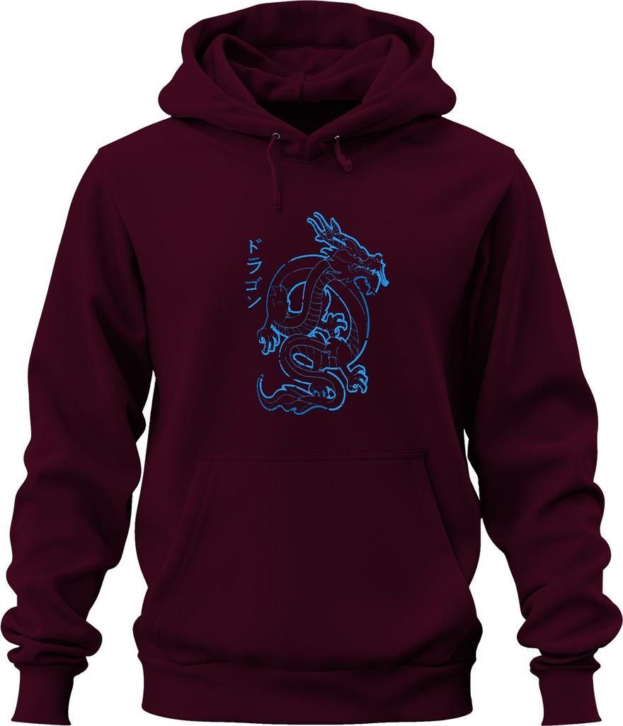 Japanischer Drache Neon Blau Katakana ドラゴン Cyberpunk Yakuza Retro Uni Hoodie Kapuzenpullover, Burgundy, XXL