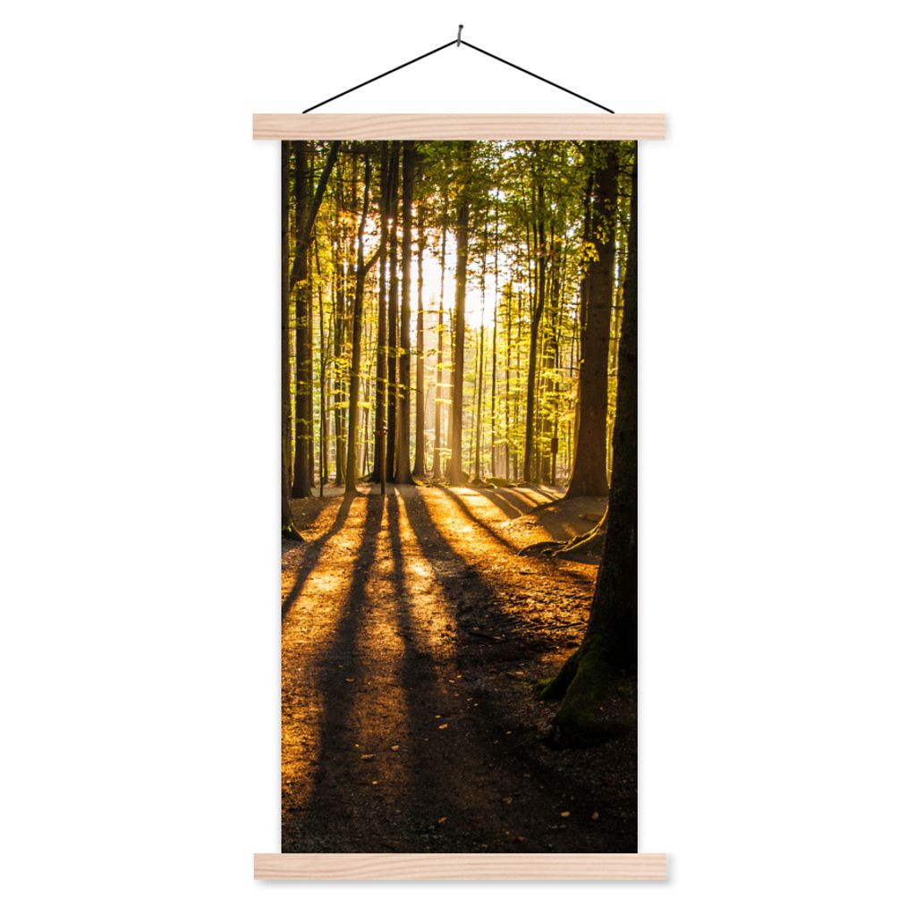 MuchoWow Textilposter Sonne - Bäume - Wald - Landschaft - Natur 60x120 cm mit holzfarbenen Rahmen - Holz