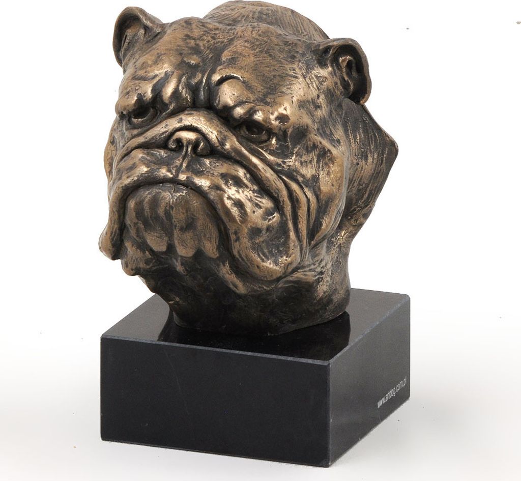 Bulldog, Englische Bulldogge - Hundestatue, Büste auf Steinsockel, Skulptur, Trophäe für Hundeausstellung der Marke Art-Dog