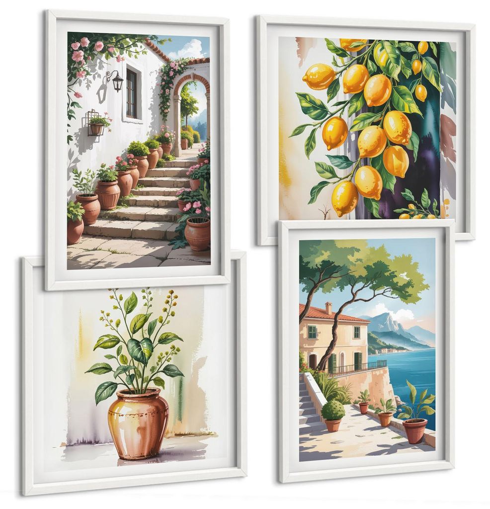 Bilder Set 4-teilig im weißen Rahmen – Wandbilder 4 Stück – gerahmte Poster für Wohnzimmer, Schlafzimmer und Flur – 50x50 cm - 40x60 cm ...