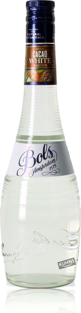 A clear, professional studio shot of a bottle of Bols Creme de Cacao white liqueur against a white background.