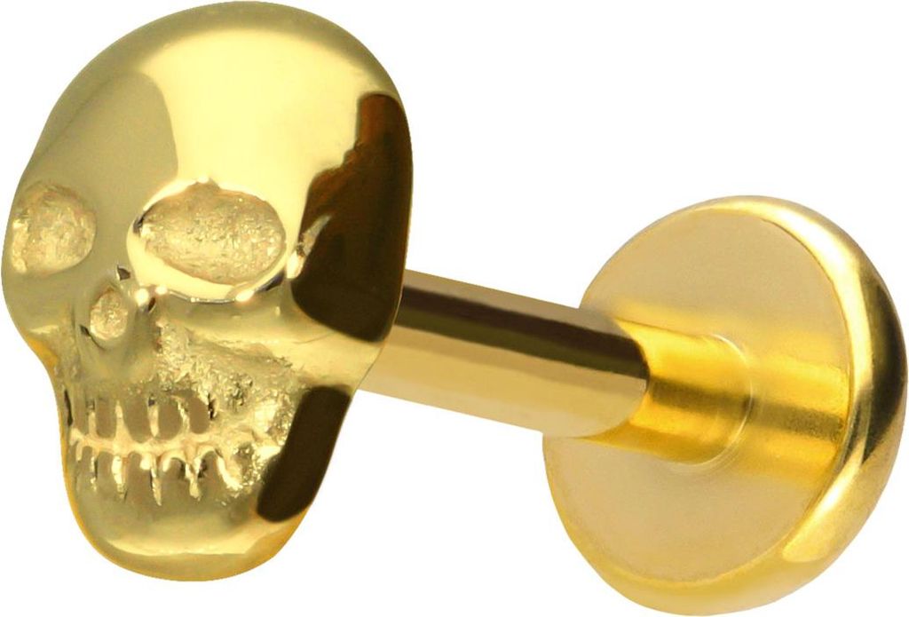 Ohrpiercing, Nasenpiercing Titan Labret mit Push Fit TOTENKOPF Gold Stablänge: 10mm | Stabstärke: 1,2mm