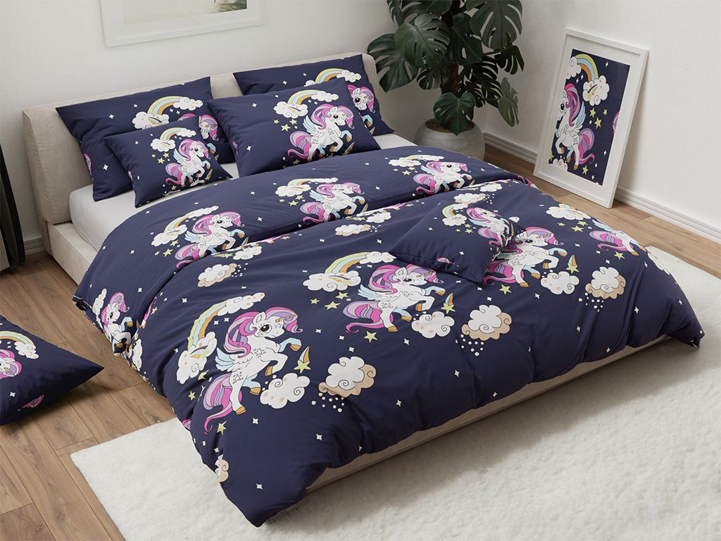 Blaue Baumwollbettwäsche EINHORN Bettwäsche-Dimension: 2 Stk 70 x 90 cm | 200 x 220 cm