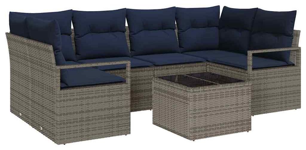 vidaXL Sofa Set mit Kissen 7 pcs Grau und Blau Poly Rattan