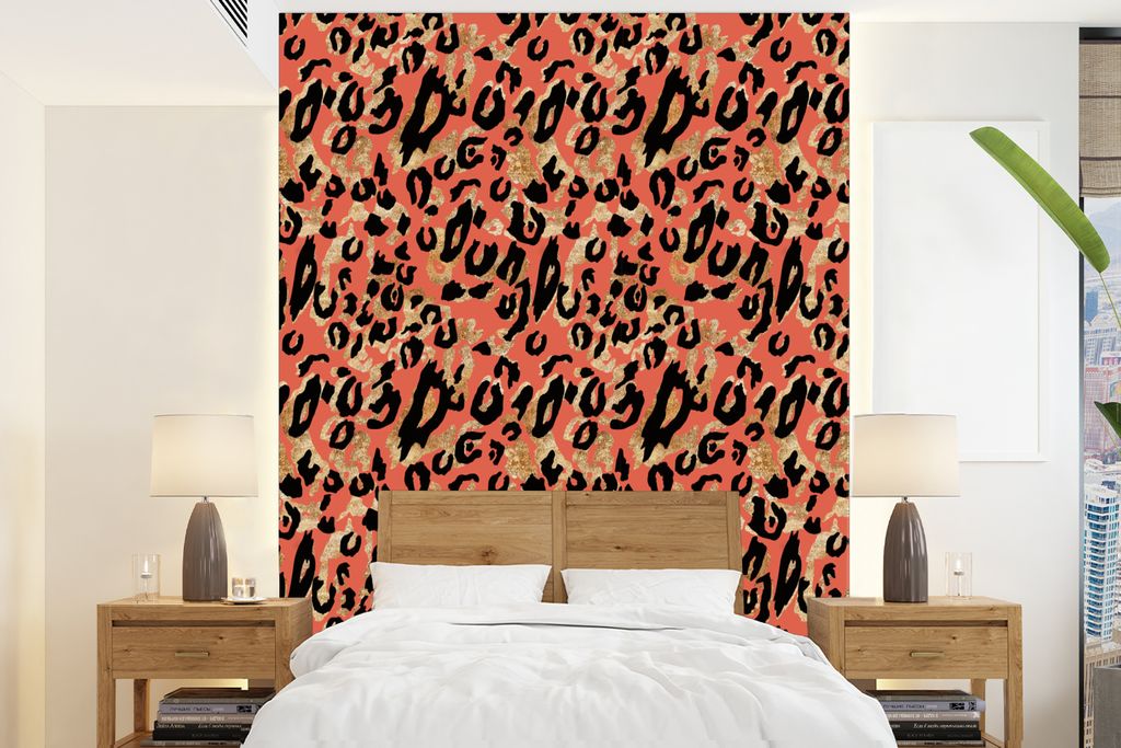 MuchoWow Fototapete für Wohnzimmer oder Schlafzimmer Wandtapete Vinyl Motivtapete Pantherdruck - Muster - Gold - 205x280 cm - Wandbild
