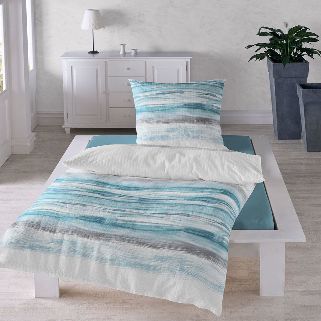 Traumschlaf Seersucker Bettwäsche Wellen 155x220 cm + 80x80 Produktbild 
