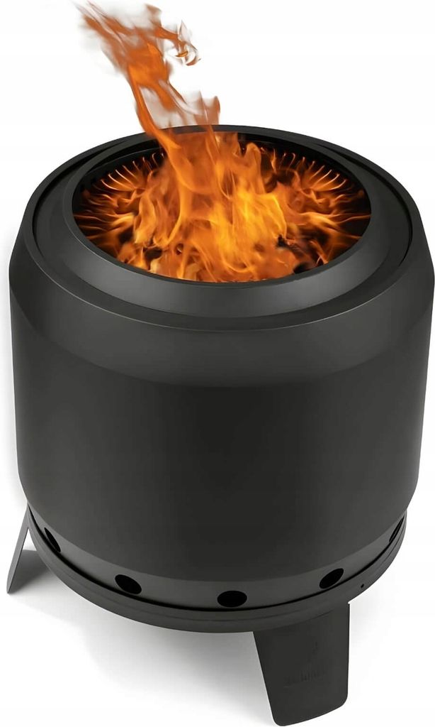 A black, cylindrical outdoor fire pit with flames burning inside, shown from a slightly low angle.