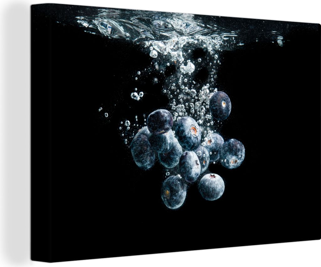 OneMillionCanvasses - Leinwandbilder - 140x90 cm, Blaubeeren - Obst - Beeren - Stillleben - Wasser - Schwarz, Wandbilder Kunstdruck Wanddekoratio...